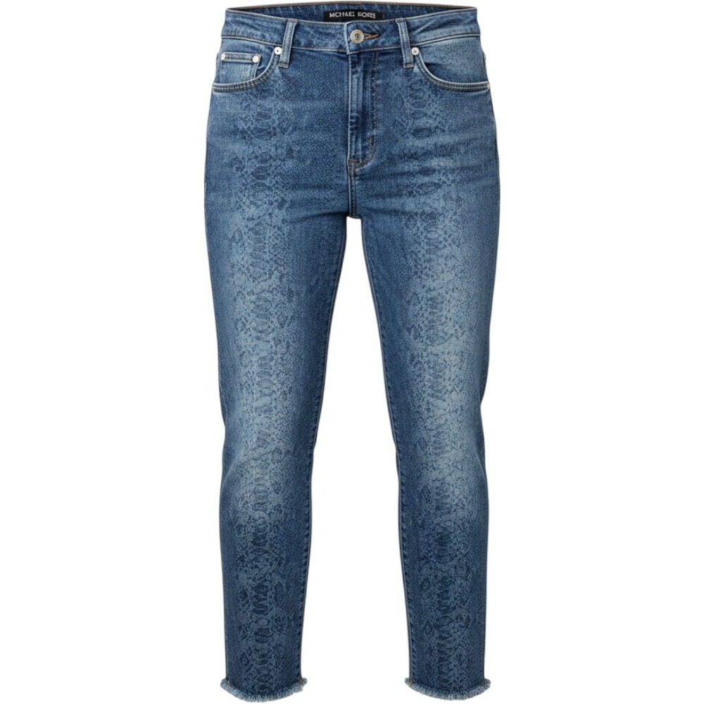 Michael Kors Blue Snakeskin Print Jeans 14 High Rise Raw Hem Stretch Denim